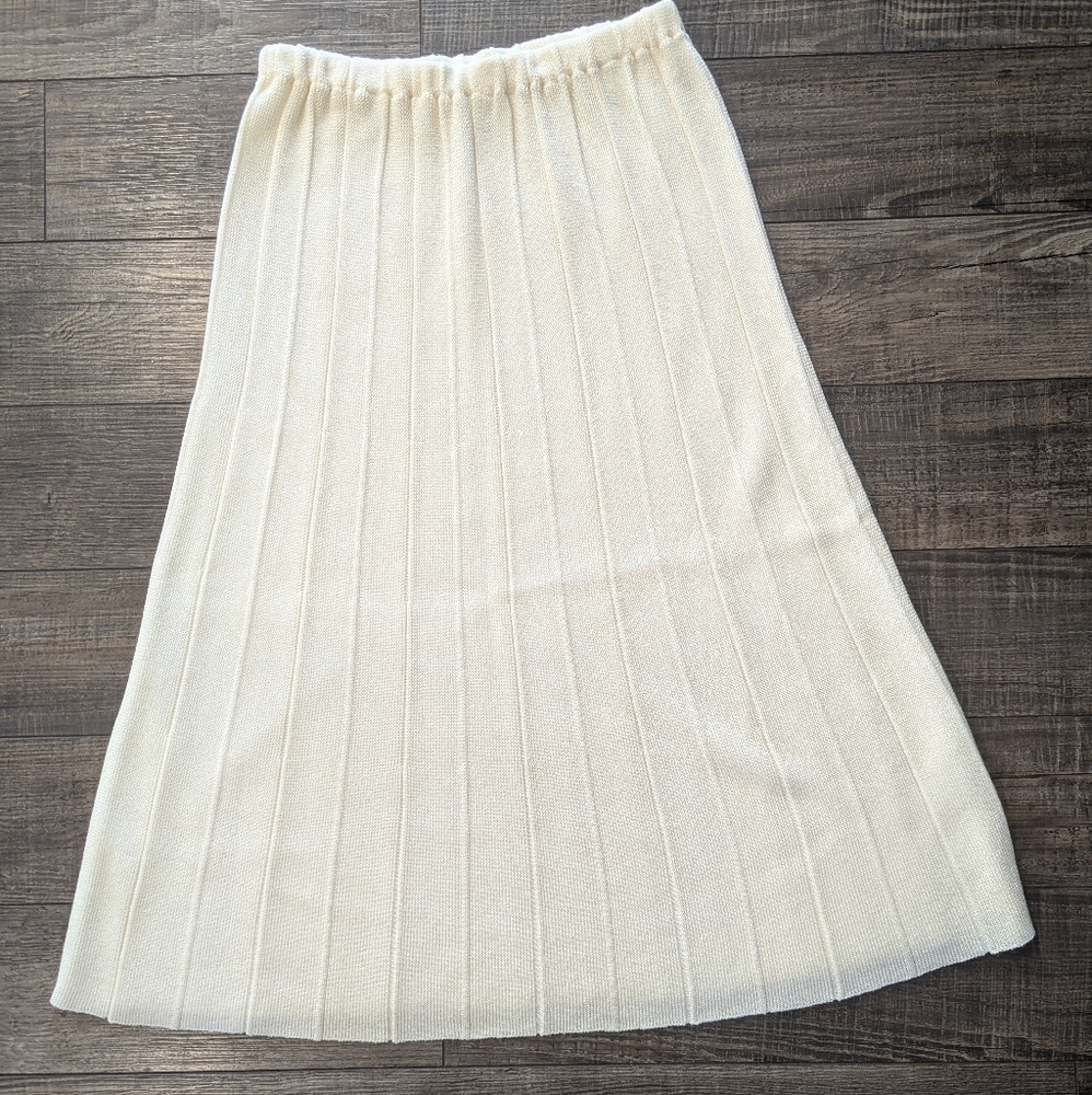 Vintage Philippe Marques Elastic Waist Knit Pleated Midi Skirt in Cream Size 10